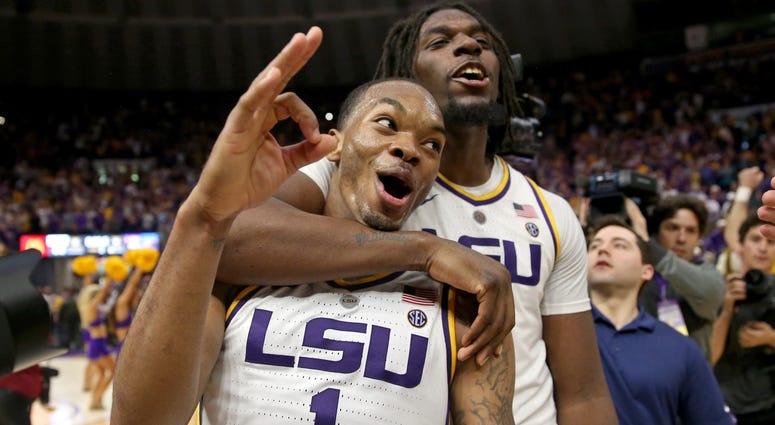 Feb 23, 2019; Baton Rouge, LA, USA; LSU Tigers guard Ja'vonte Smart (1) celebrates with forward Naz Reid (0) after their game against the Tennessee Volunteers at the Maravich Assembly Center. Feb 23, 2019; Baton Rouge, LA, USA; LSU Tigers guard Ja'vonte Smart (1) celebrates with forward Naz Reid (0) after their game against the Tennessee Volunteers at the Maravich Assembly Center.