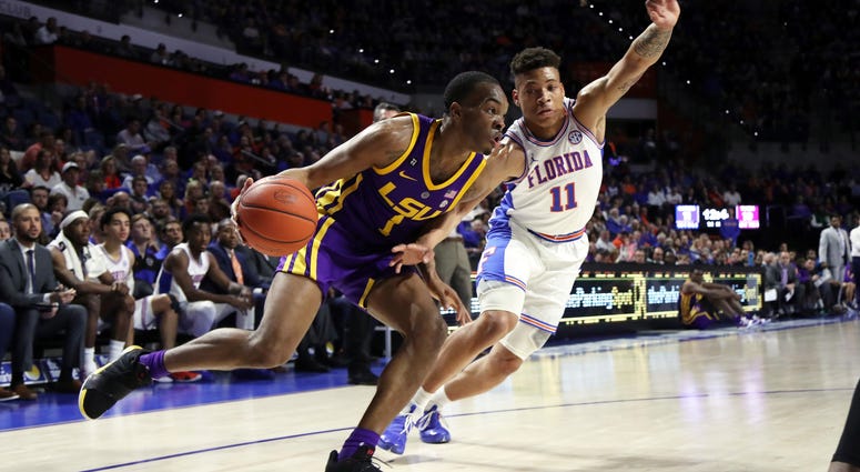 Mar 6, 2019; Gainesville, FL, USA; LSU Tigers guard Javonte Smart (1) drives to the basket as Florida Gators forward Keyontae Johnson (11) defends during the first half at Exactech Arena Mar 6, 2019; Gainesville, FL, USA; LSU Tigers guard Javonte Smart (1) drives to the basket as Florida Gators forward Keyontae Johnson (11) defends during the first half at Exactech Arena
