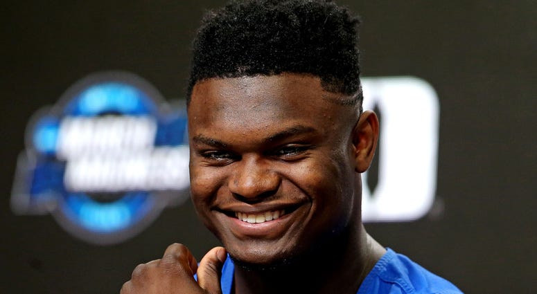 Mar 28, 2019; Washington, DC, USA; Duke Blue Devils forward Zion Williamson (1) speaks in a press conference during practice for the east regional of the 2019 NCAA Tournament at Capital One Arena. Mar 28, 2019; Washington, DC, USA; Duke Blue Devils forward Zion Williamson (1) speaks in a press conference during practice for the east regional of the 2019 NCAA Tournament at Capital One Arena.