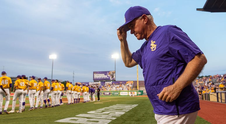 Paul Mainieri takes the field as The LSU Tigers take on Southern Miss in the 2019 NCAA Regional Tournament in Baton Rouge, LA. Sunday, June 2, 2019