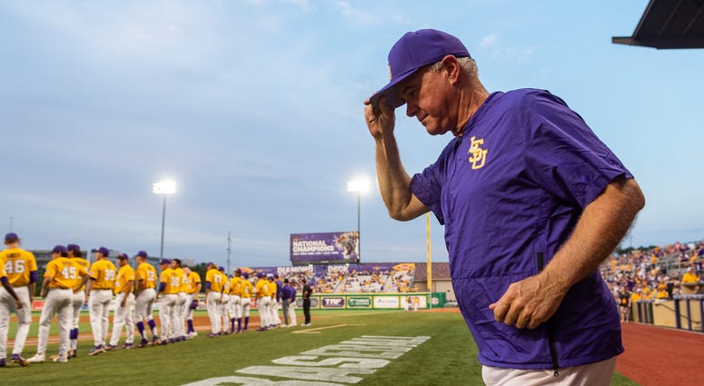 Paul Mainieri takes the field as The LSU Tigers take on Southern Miss in the 2019 NCAA Regional Tournament in Baton Rouge, LA. Sunday, June 2, 2019.
