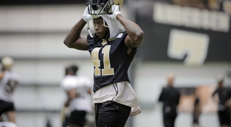 Jun 11, 2019; New Orleans, LA, USA; New Orleans Saints running back Alvin Kamara (41) during a minicamp session at the New Orleans Saints Training Facility. Jun 11, 2019; New Orleans, LA, USA; New Orleans Saints running back Alvin Kamara (41) during a minicamp session at the New Orleans Saints Training Facility.