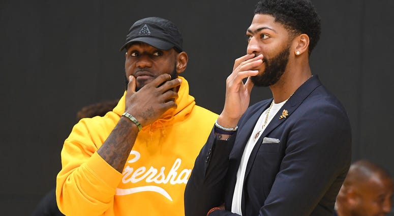 Jul 13, 2019; El Segundo, CA, USA; Los Angeles Lakers forward LeBron James (left) talks with forward/center Anthony Davis (right) after a press conference at the UCLA Health Training Center. Jul 13, 2019; El Segundo, CA, USA; Los Angeles Lakers forward LeBron James (left) talks with forward/center Anthony Davis (right) after a press conference at the UCLA Health Training Center.