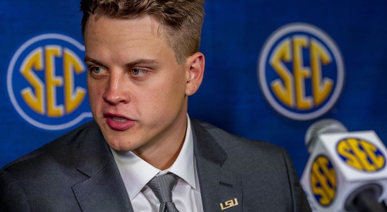 July 15, 2019; Birmingham, AL, USA; LSU Tigers quarterback Joe Burrow speaks to the media during SEC Media Days at the Hyatt Regency-Birmingham. July 15, 2019; Birmingham, AL, USA; LSU Tigers quarterback Joe Burrow speaks to the media during SEC Media Days at the Hyatt Regency-Birmingham.