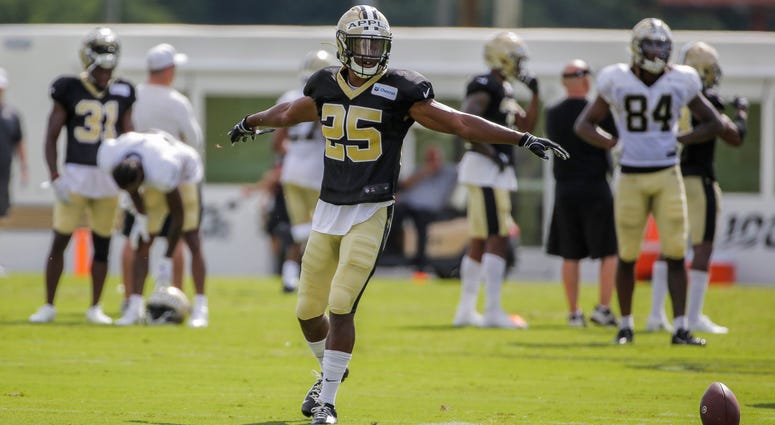 New Orleans Saints cornerback Eli Apple (25) reacts during training camp at the Ochsner Sports Performance Center.