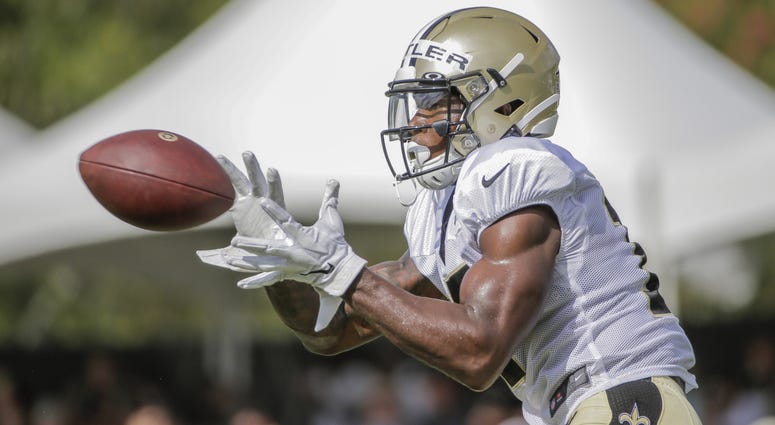 Jul 28, 2019; Metairie, LA, USA; New Orleans Saints wide receiver Emmanuel Butler (17) catches a pass during training camp at the Ochsner Sports Performance Center. Jul 28, 2019; Metairie, LA, USA; New Orleans Saints wide receiver Emmanuel Butler (17) catches a pass during training camp at the Ochsner Sports Performance Center.