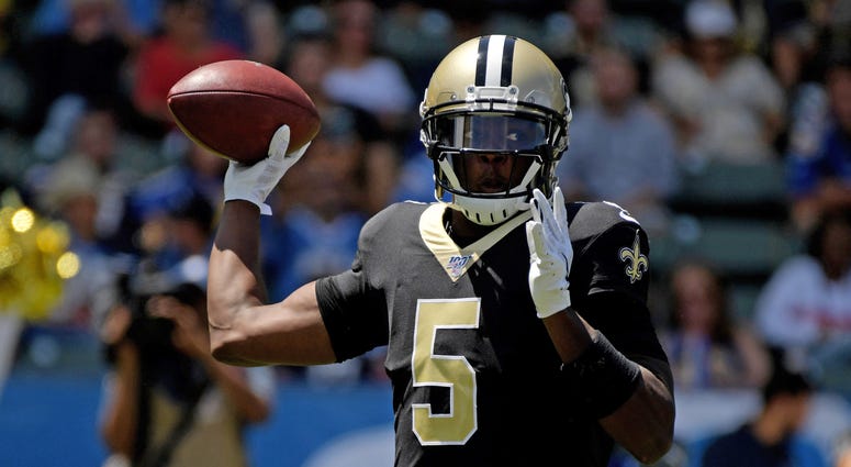 New Orleans Saints quarterback Teddy Bridgewater (5) throws a pass against the Los Angeles Chargers during the first half at Dignity Health Sports Park.