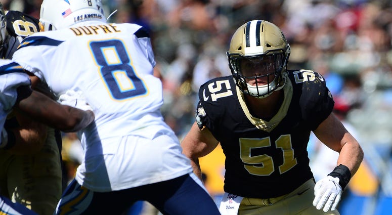 New Orleans Saints linebacker Colton Jumper (51) defends Los Angeles Chargers wide receiver Malachi Dupre (8) during the fourth quarter at Dignity Health Sports Park.