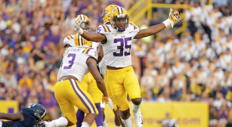LSU Tigers linebacker Damone Clark (35) celebrates after a sack on Georgia Southern Eagles quarterback Shai Werts (1) during the first quarter at Tiger Stadium.