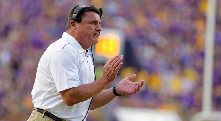 LSU Tigers head coach during the first quarter against the Northwestern State Demons at Tiger Stadium.