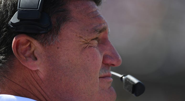LSU Tigers head coach Ed Orgeron during the first half against the Vanderbilt Commodores at Vanderbilt Stadium.