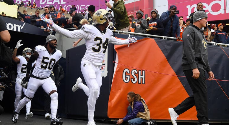 New Orleans Saints defensive back Justin Hardee (34) takes the field before the game against the Chicago Bears at Soldier Field.