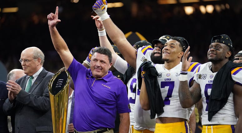 Ed Orgeron, LSU Tigers celebrate after national championship
