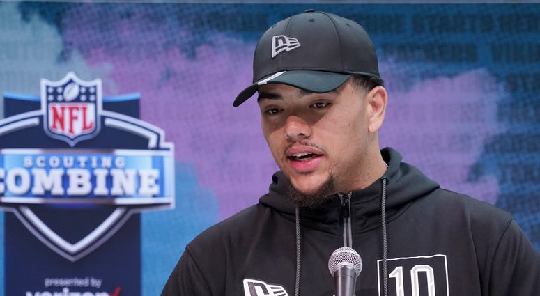 LSU Tigers tight end Thaddeus Moss speaks during the NFL Scouting Combine at the Indiana Convention Center.