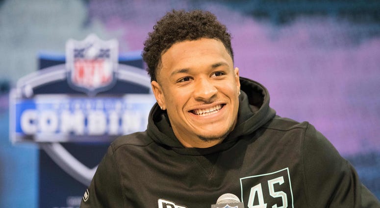 Louisiana State defensive back Grant Delpit (DB45) speaks to the media during the 2020 NFL Combine in the Indianapolis Convention Center.