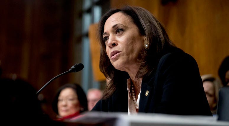 Sen. Kamala Harris, D-Calif., speaks as Attorney General William Barr testifies during a Senate Judiciary Committee hearing on Capitol Hill in Washington, Wednesday, May 1, 2019, on the Mueller Report. (AP Photo/Andrew Harnik)