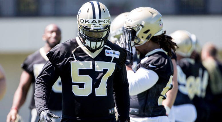 Saints DE Alex Okafor during training camp Saints DE Alex Okafor