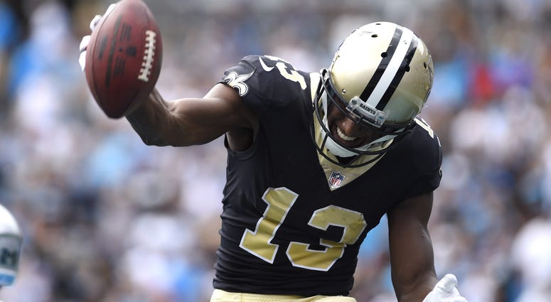 Saints WR Michael Thomas celebrates against the Panthers Saints WR Michael Thomas
