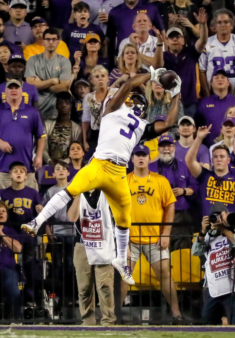 LSU Tigers safety JaCoby Stevens (3) intercepts a pass against Texas A&M Aggies quarterback Kellen Mond (not pictured) during the second half at Tiger Stadium.