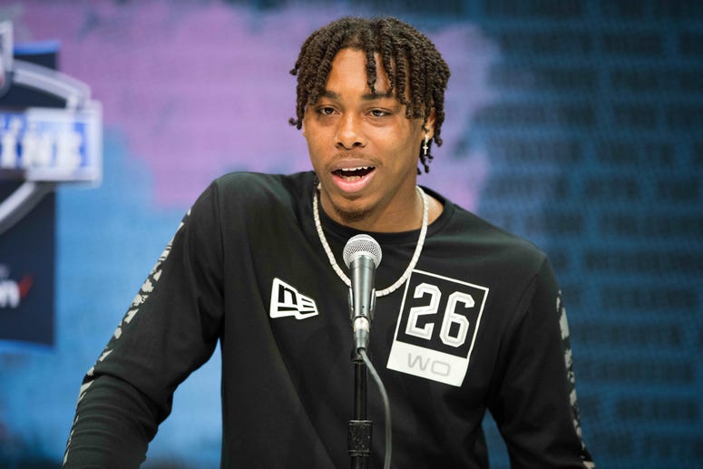 Louisiana State wide receiver Justin Jefferson (WO26) speaks to the media during the 2020 NFL Combine in the Indianapolis Convention Center.