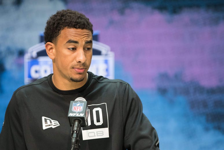 Utah State quarterback Jordan Love (QB10) speaks to the media during the 2020 NFL Combine in the Indianapolis Convention Center.