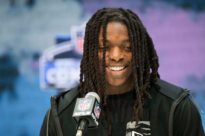Colorado wide receiver Laviska Shenault Jr (WO49) speaks to the media during the 2020 NFL Combine in the Indianapolis Convention Center.