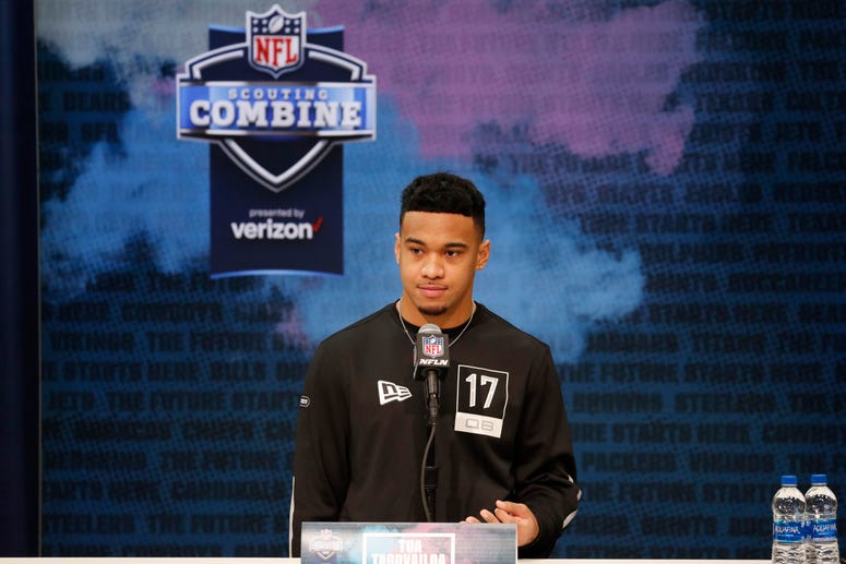 Alabama Crimson Tide quarterback Tua Tagovailoa speaks to the media during the NFL Combine at the Indiana Convention Center.