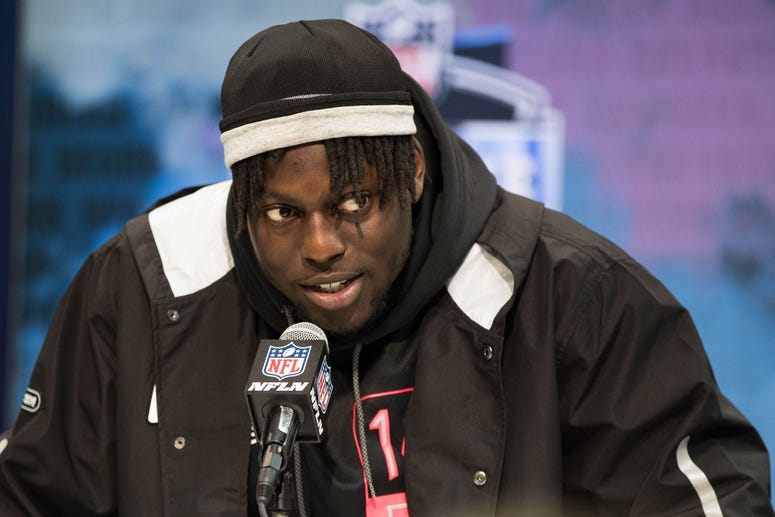 South Carolina defensive lineman Javon Kinlaw (DL14) speaks to the media during the 2020 NFL Combine in the Indianapolis Convention Center.