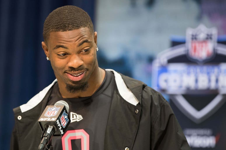 Louisiana State linebacker K'Lavon Chaisson (LB09) speaks to the media during the 2020 NFL Combine in the Indianapolis Convention Center.
