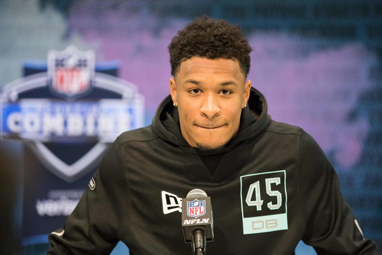 Louisiana State defensive back Grant Delpit (DB45) speaks to the media during the 2020 NFL Combine in the Indianapolis Convention Center.