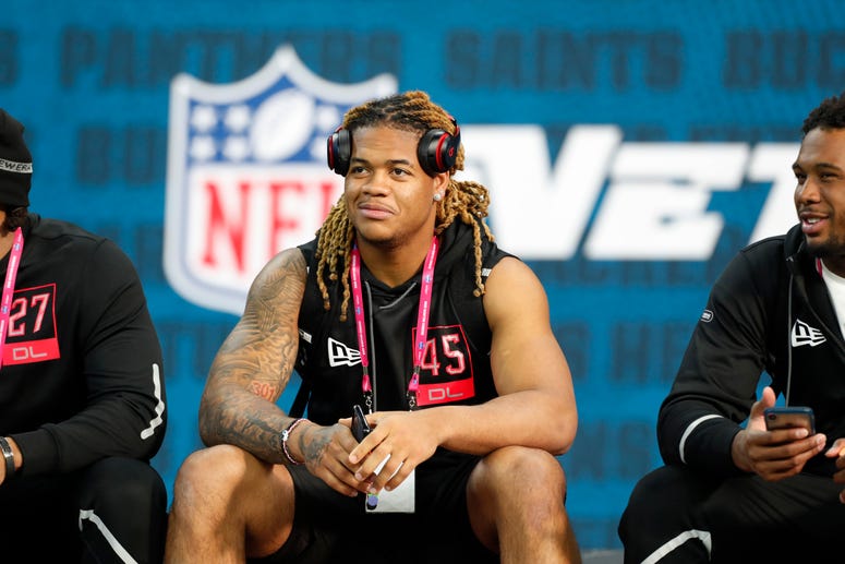 Ohio State Buckeyes defensive lineman Chase Young (DL45) watches from the sidelines during the 2020 NFL Combine at Lucas Oil Stadium.