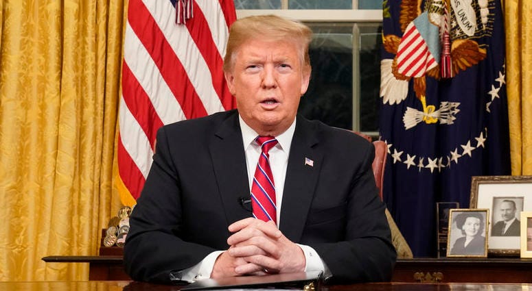 President Donald Trump speaks from the Oval Office of the White House as he gives a prime-time address about border security Tuesday, Jan. 8, 2018, in Washington. (Carlos Barria/Pool Photo via AP)