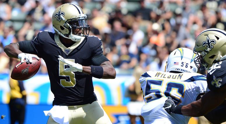 Aug 18, 2019; Carson, CA, USA; New Orleans Saints quarterback Teddy Bridgewater (5) looks to pass during the second quarter against the Los Angeles Chargers at Dignity Health Sports Park. Aug 18, 2019; Carson, CA, USA; New Orleans Saints quarterback Teddy Bridgewater (5) looks to pass during the second quarter against the Los Angeles Chargers at Dignity Health Sports Park.