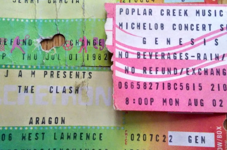 ticket stubs from 1982 ticket stubs from 1982: Jerry Garcia Auditorium, Clash Aragon, Genesis Poplar Creek