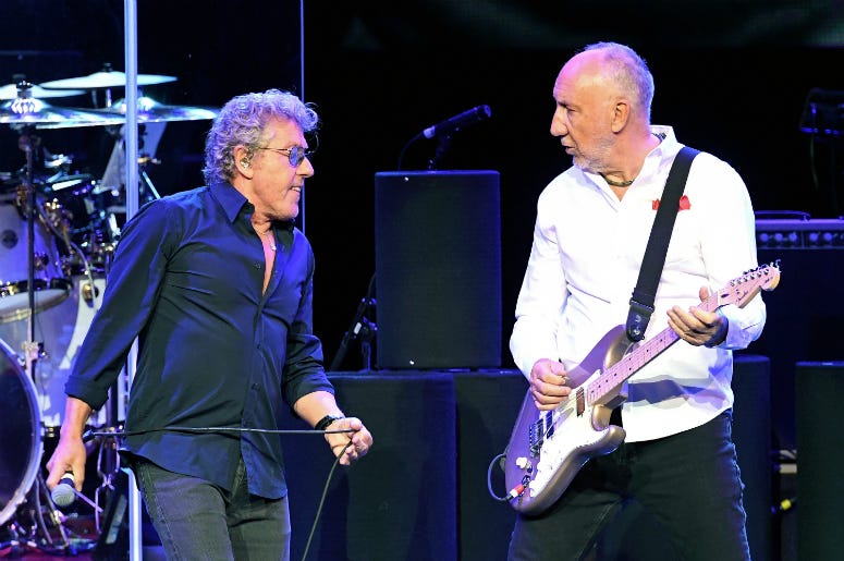 Singer Roger Daltrey (L) and guitarist Pete Townshend of The Who perform in 2017 Singer Roger Daltrey (L) and guitarist Pete Townshend of The Who perform in 2017