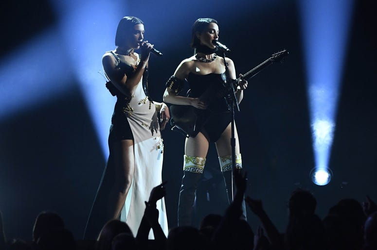 February 10, 2019; Los Angeles, CA, USA; Dua Lipa (L) and St. Vincent perform during the 61st Annual GRAMMY Awards on Feb. 10, 2019 at STAPLES Center in Los Angeles, Calif. Mandatory Credit: Robert Hanashiro-USA TODAY NETWORK
