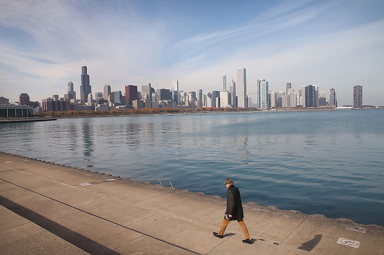 A view of Chicago's skyline from the Adler Planetarium overlooking Lake Michigan.