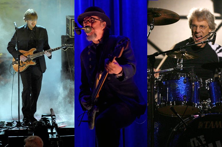Trey Anastasio, Les Claypool, and Stewart Copeland of the rock supergroup Oysterhead.