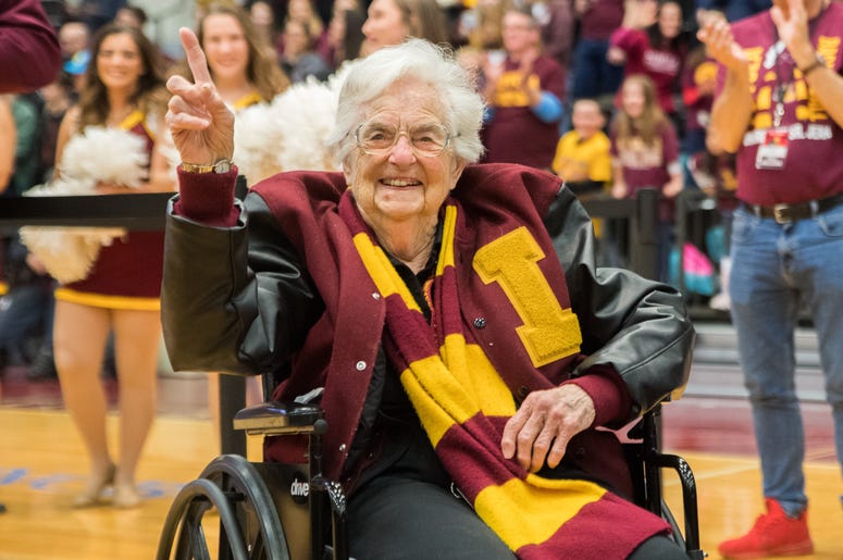 Mar 25, 2018; Chicago, IL, USA; Loyola Ramblers team chaplain Sister Jean Dolores-Schmidt celebrates at the Gentile Arena after capturing the NCAA South Regional Championship last night to move onto the Final Four. Mandatory Credit: Patrick Gorski-USA TOD Mar 25, 2018; Chicago, IL, USA; Loyola Ramblers team chaplain Sister Jean Dolores-Schmidt celebrates at the Gentile Arena after capturing the NCAA South Regional Championship last night to move onto the Final Four. Mandatory Credit: Patrick Gorski-USA TOD
