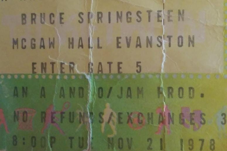 Bruce ticket stub from 1978 show at McGaw Hall