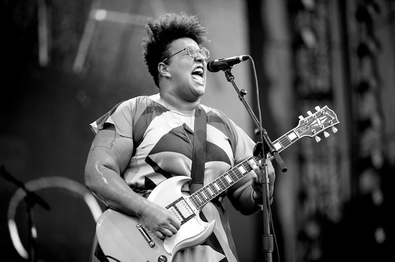 PASADENA, CA - JUNE 24: (EDITORS NOTE: Image has been converted to black and white.) Musican Brittany Howard of musical group Alabama Shakes performs on The Oaks stage during Arroyo Seco Weekend at the Brookside Golf Course at on June 24, 2017 in Pasadena