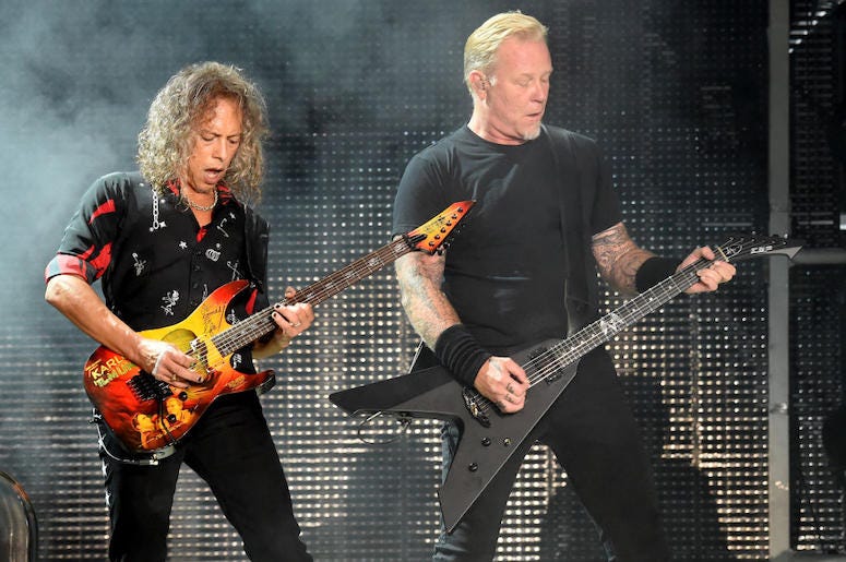 James Hetfield and Kirk Hammett of Metallica perform a concert at the Rose Bowl.