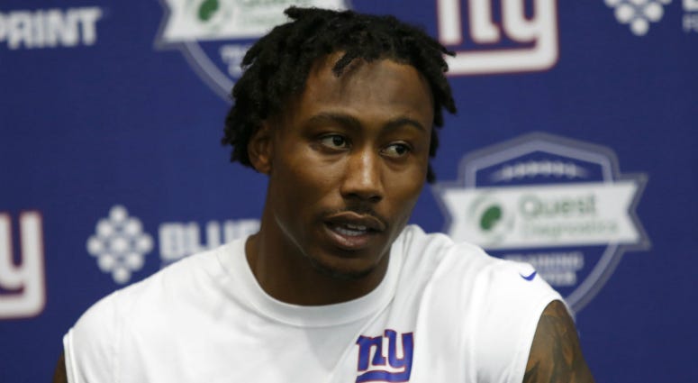 New York Giants wide receiver Brandon Marshall answers questions from the media during OTA practice at Quest Diagnostics Training Center. New York Giants wide receiver Brandon Marshall answers questions from the media during OTA practice at Quest Diagnostics Training Center.