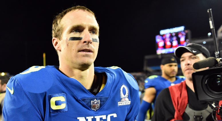 NFC quarterback Drew Brees of the New Orleans Saints (9) is seen after their game against the AFC at the 2017 Pro Bowl at Citrus Bowl. NFC quarterback Drew Brees of the New Orleans Saints (9) is seen after their game against the AFC at the 2017 Pro Bowl at Citrus Bowl.