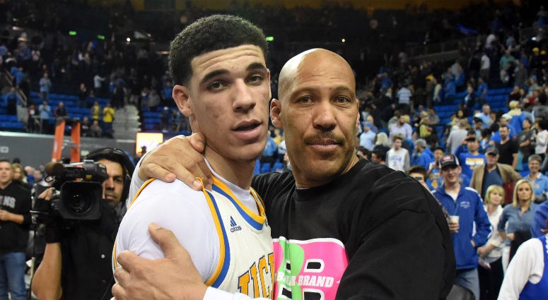 Lavar Ball embraces his son UCLA Bruins guard Lonzo Ball. Lavar Ball embraces his son UCLA Bruins guard Lonzo Ball after the game against the Washington State Cougars at Pauley Pavilion.