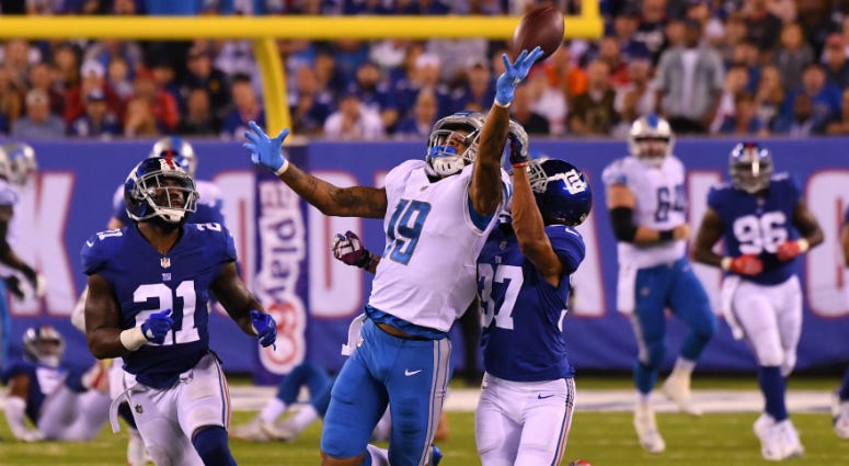 New York Giants cornerback Ross Cockrell (37) defends against Detroit Lions wide receiver Kenny Golladay (19) on an incomplete pass in the first half during a NFL football game at MetLife Stadium. New York Giants cornerback Ross Cockrell (37) defends against Detroit Lions wide receiver Kenny Golladay (19) on an incomplete pass in the first half during a NFL football game at MetLife Stadium.