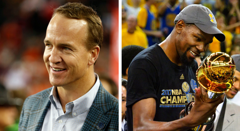 Peyton Manning at the 2017 College Football Playoff National Championship Game between the Alabama Crimson Tide and the Clemson Tigers / Golden State Warriors forward Kevin Durant celebrates winning the 2017 NBA Finals MVP award Peyton Manning at the 2017 College Football Playoff National Championship Game between the Alabama Crimson Tide and the Clemson Tigers / Golden State Warriors forward Kevin Durant celebrates winning the 2017 NBA Finals MVP award