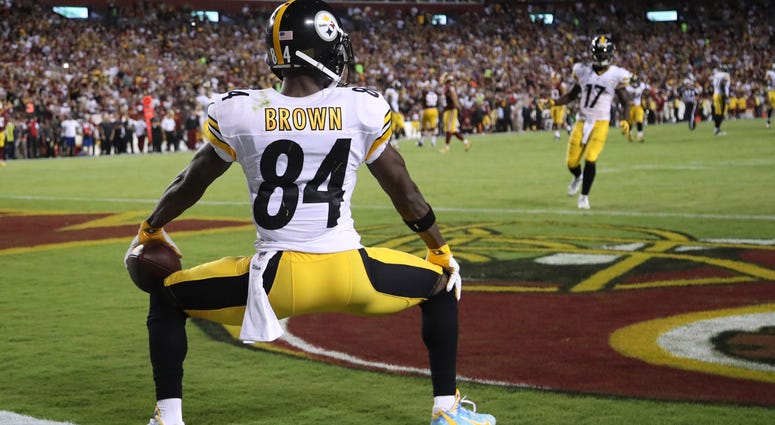 Pittsburgh Steelers wide receiver Antonio Brown celebrates a touchdown against the Washington Redskins Pittsburgh Steelers wide receiver Antonio Brown (84) does a celebration dance in the end zone after scoring a touchdown against the Washington Redskins in the third quarter at FedEx Field.