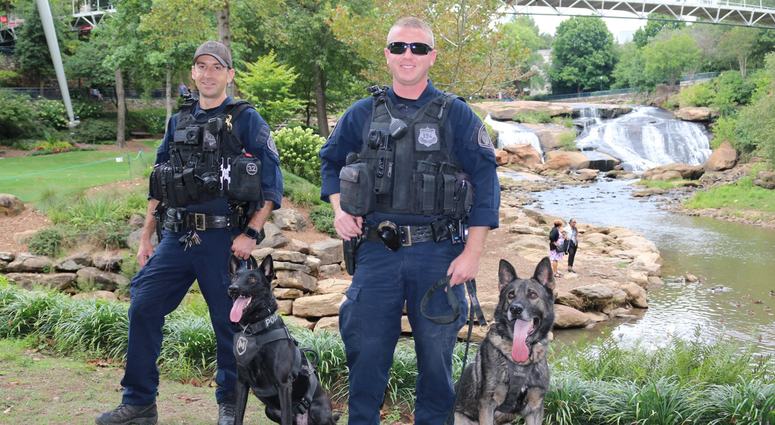 GPD K9 Officers patrolling Falls Park. GPD K9 Officers patrolling Falls Park.
