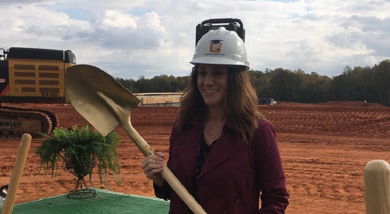 Maureen Tiller, Principal of Fountain Inn High School, with Hard Hat and Shovel at the Groundbreaking Ceremony Maureen Tiller Groundbreaking